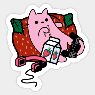 Strawberry milk pink cat gamer relaxing Sticker